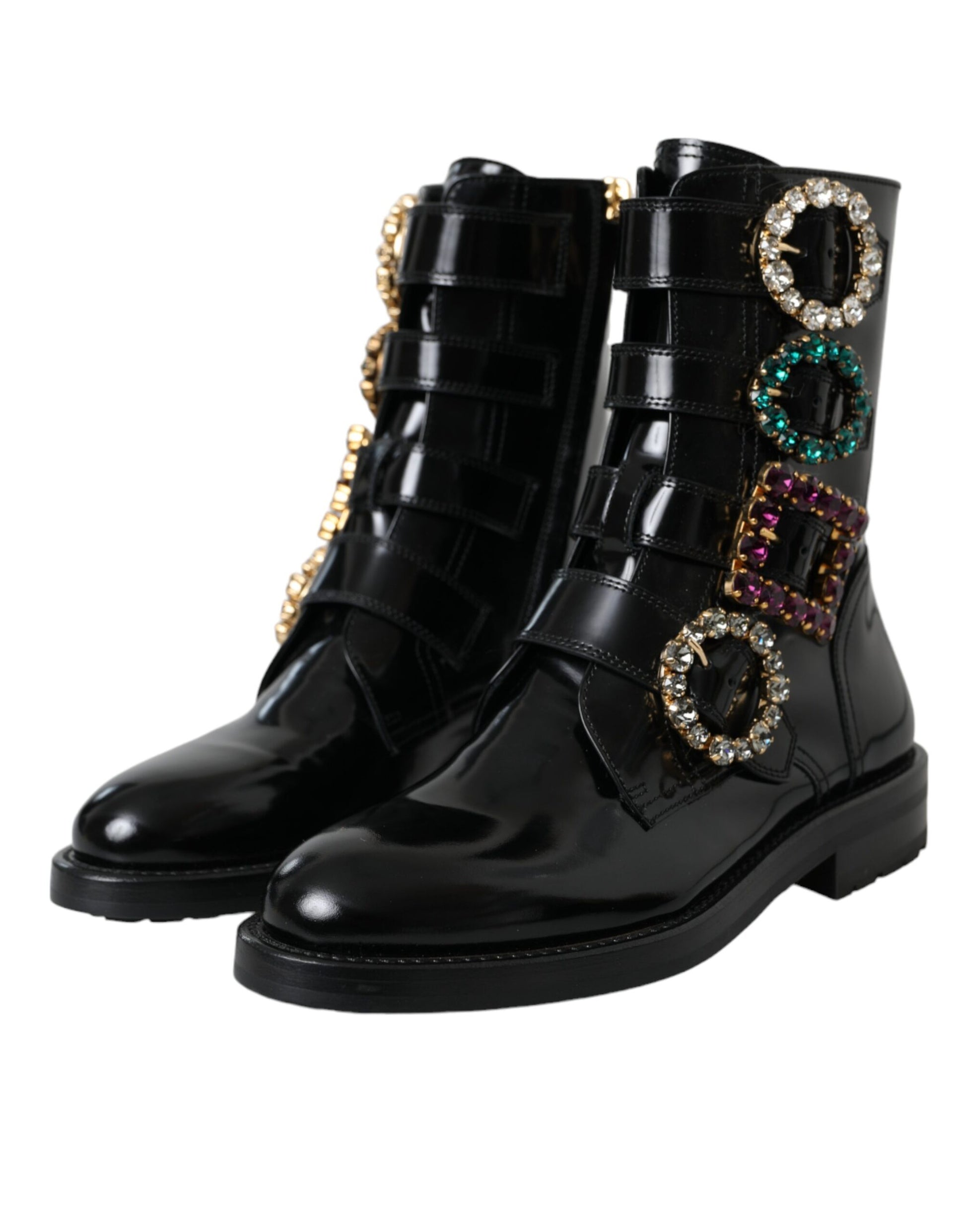 Dolce & Gabbana Black Leather Crystal Buckles Boots Shoes