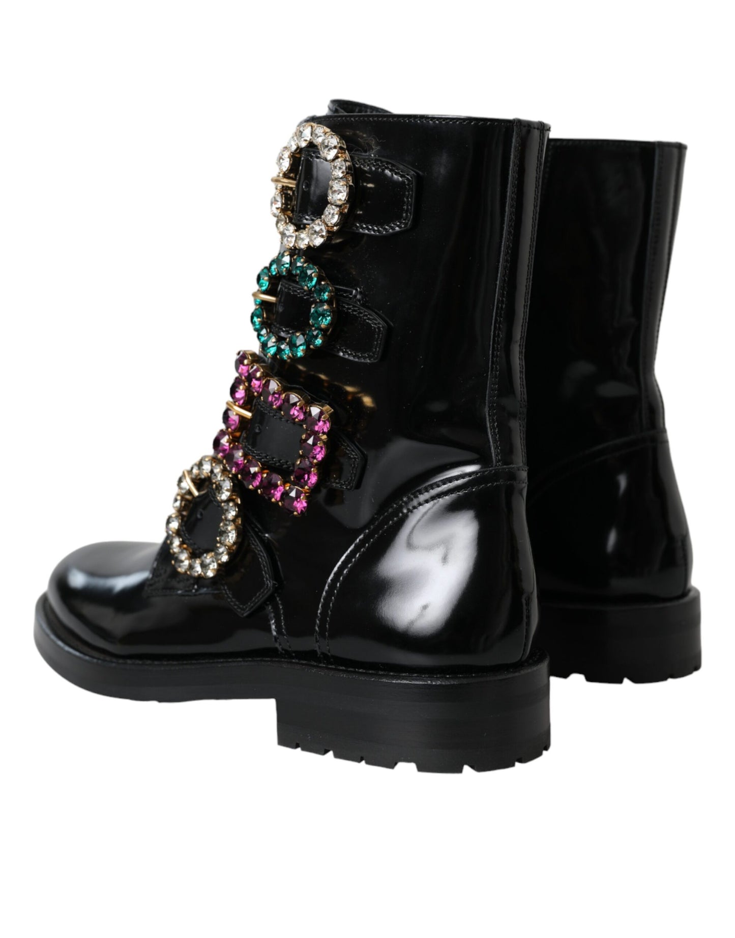 Dolce & Gabbana Black Leather Crystal Buckles Boots Shoes Dolce & Gabbana