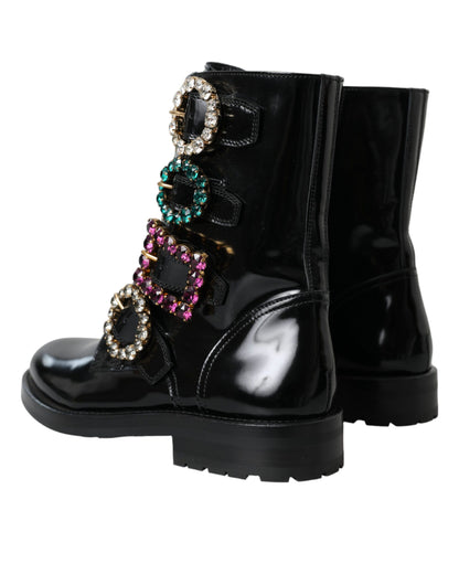 Dolce & Gabbana Black Leather Crystal Buckles Boots Shoes Dolce & Gabbana