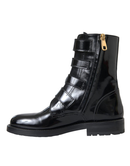 Dolce & Gabbana Black Leather Crystal Buckles Boots Shoes Dolce & Gabbana