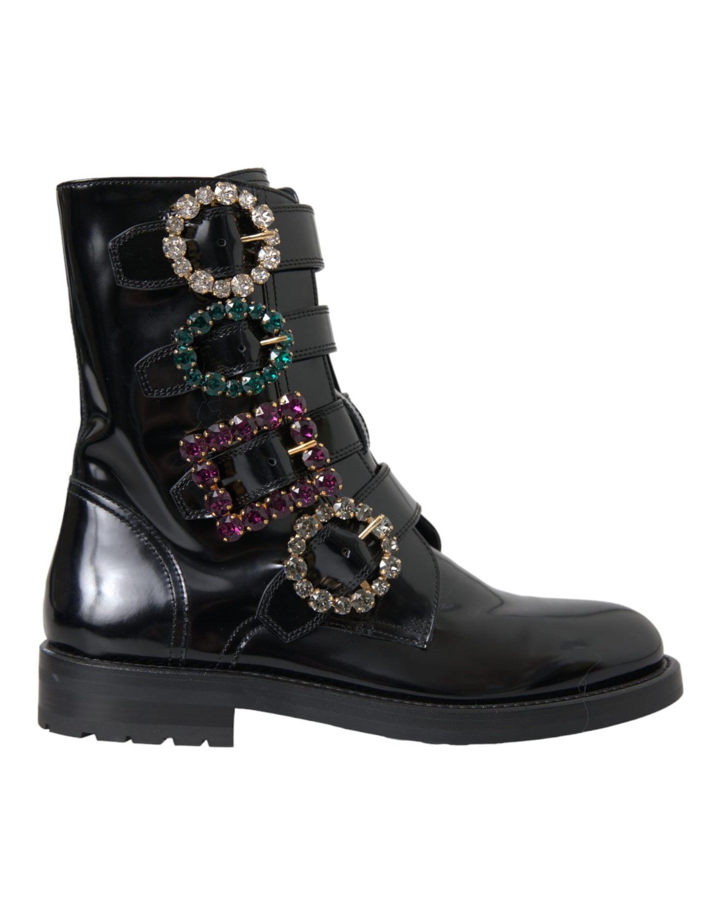 Dolce & Gabbana Black Leather Crystal Buckles Boots Shoes Dolce & Gabbana