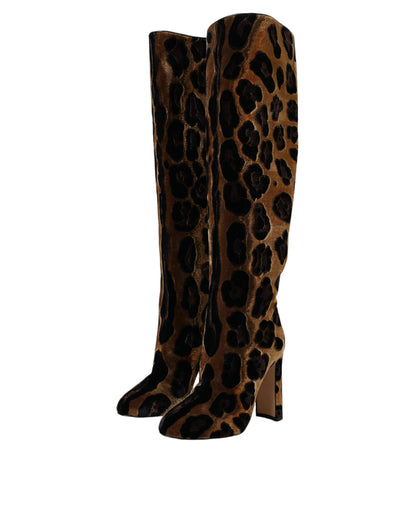 Dolce & Gabbana Brown Giraffe Velvet Leather Boots Shoes Dolce & Gabbana