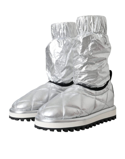 Dolce & Gabbana Metallic Silver Quilted Logo Patch Boot Shoes Dolce & Gabbana