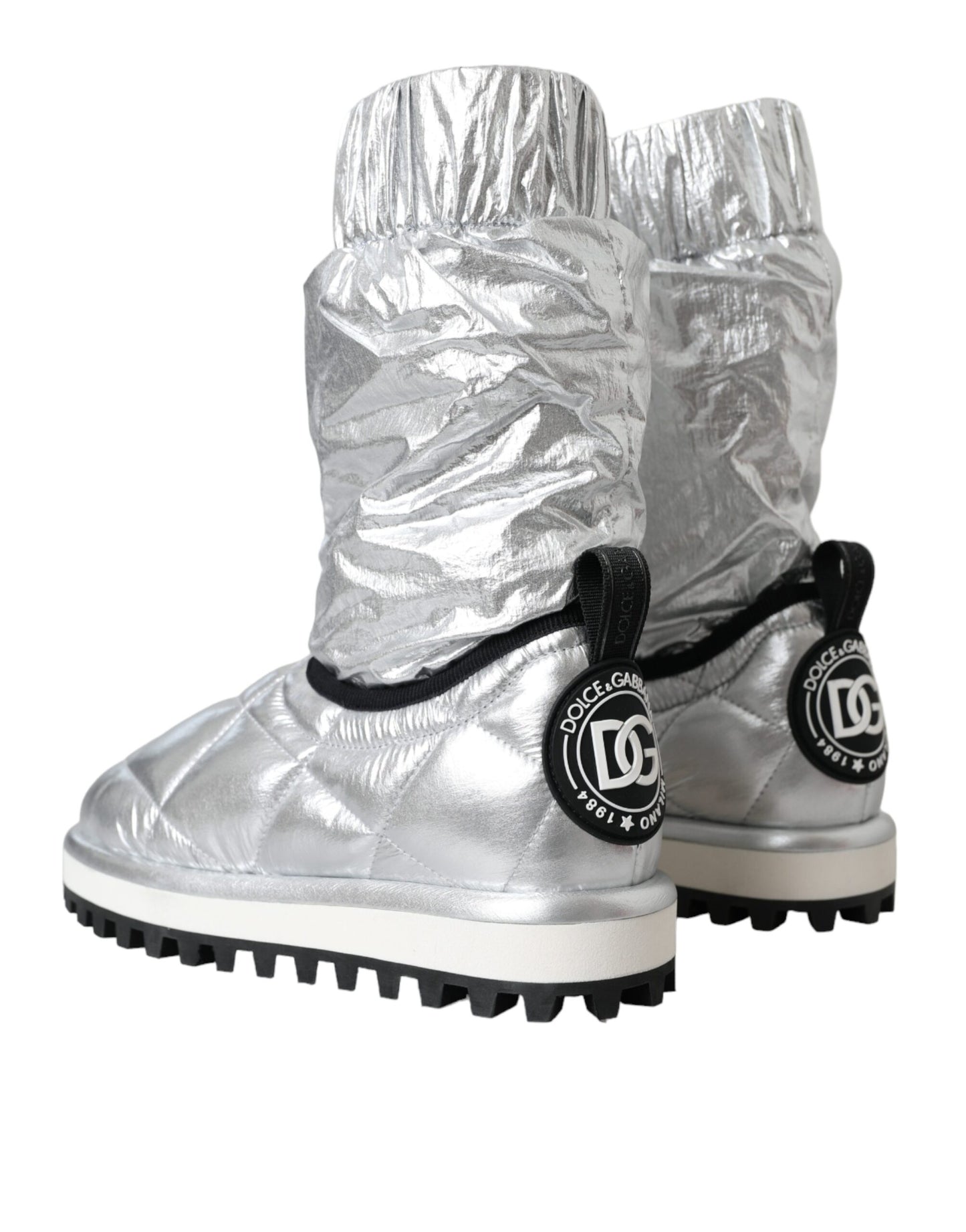 Dolce & Gabbana Metallic Silver Quilted Logo Patch Boot Shoes Dolce & Gabbana