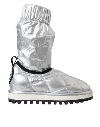 Dolce & Gabbana Metallic Silver Quilted Logo Patch Boot Shoes Dolce & Gabbana