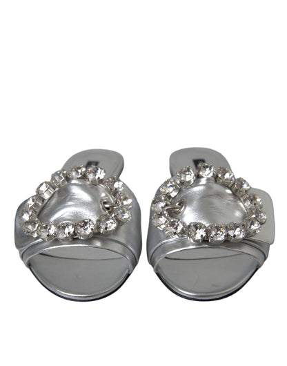 Dolce & Gabbana Silver Crystal Leather Flats Sandals Shoes Dolce & Gabbana