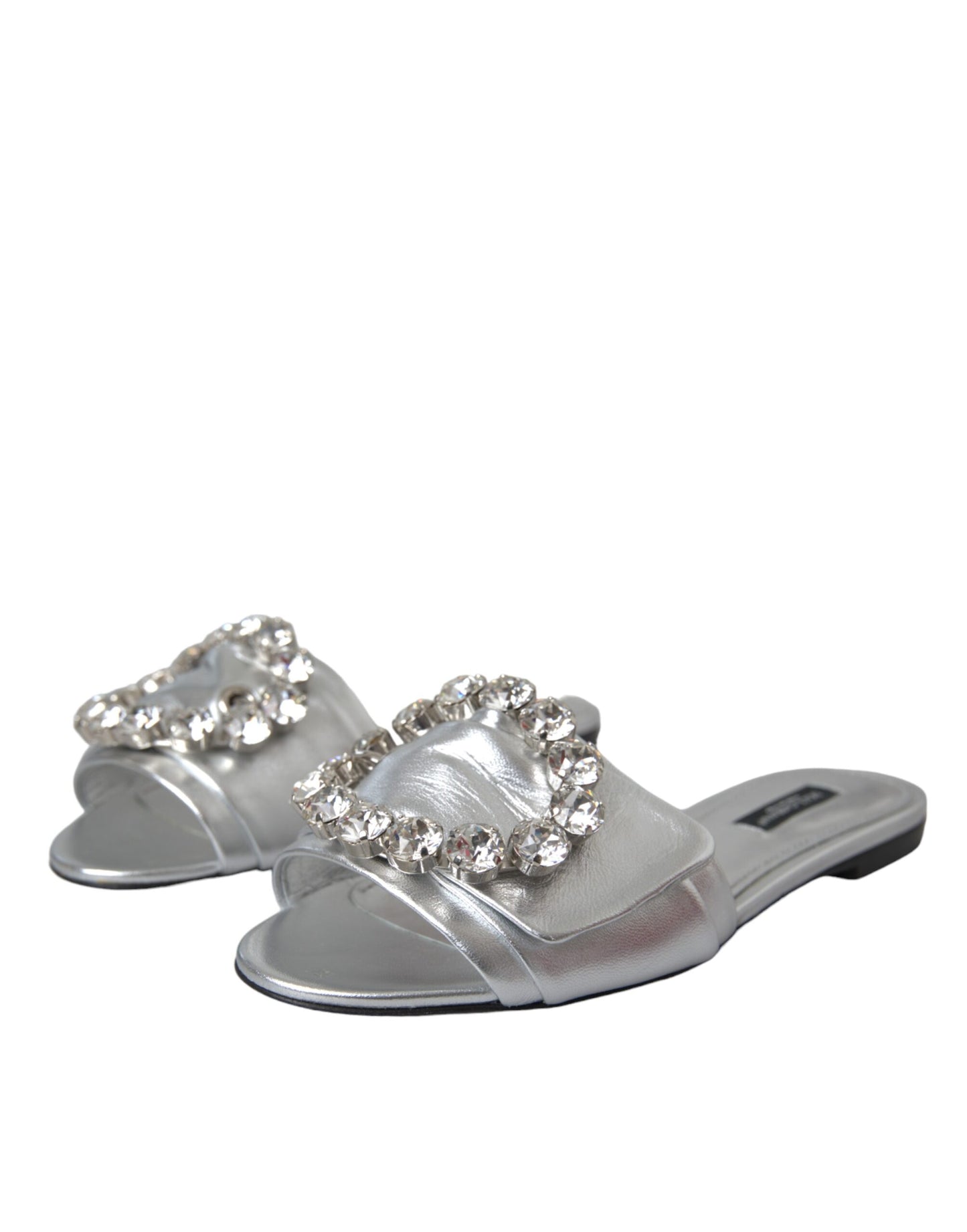 Dolce & Gabbana Silver Crystal Leather Flats Sandals Shoes Dolce & Gabbana