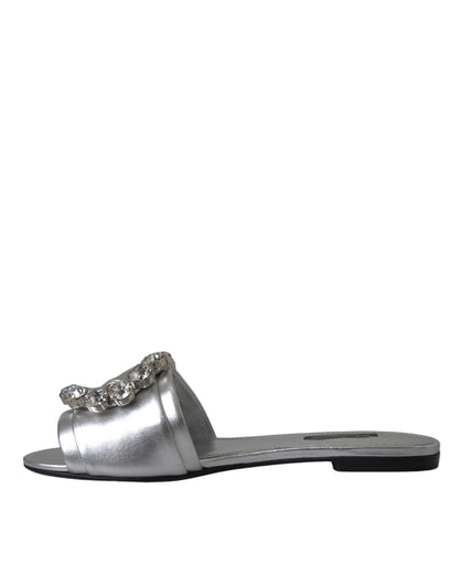 Dolce & Gabbana Silver Crystal Leather Flats Sandals Shoes Dolce & Gabbana