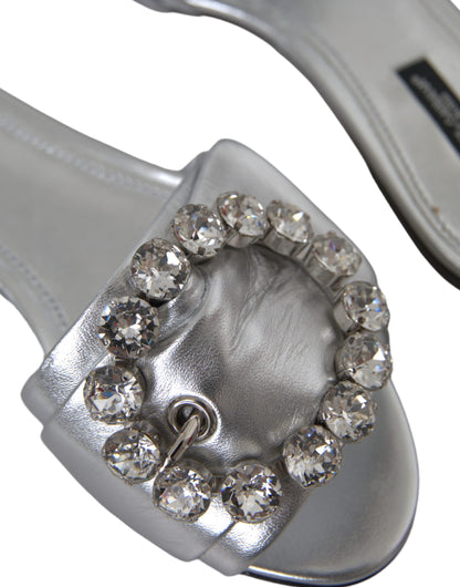 Dolce & Gabbana Silver Crystal Leather Flats Sandals Shoes Dolce & Gabbana