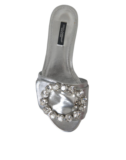 Dolce & Gabbana Silver Crystal Leather Flats Sandals Shoes Dolce & Gabbana