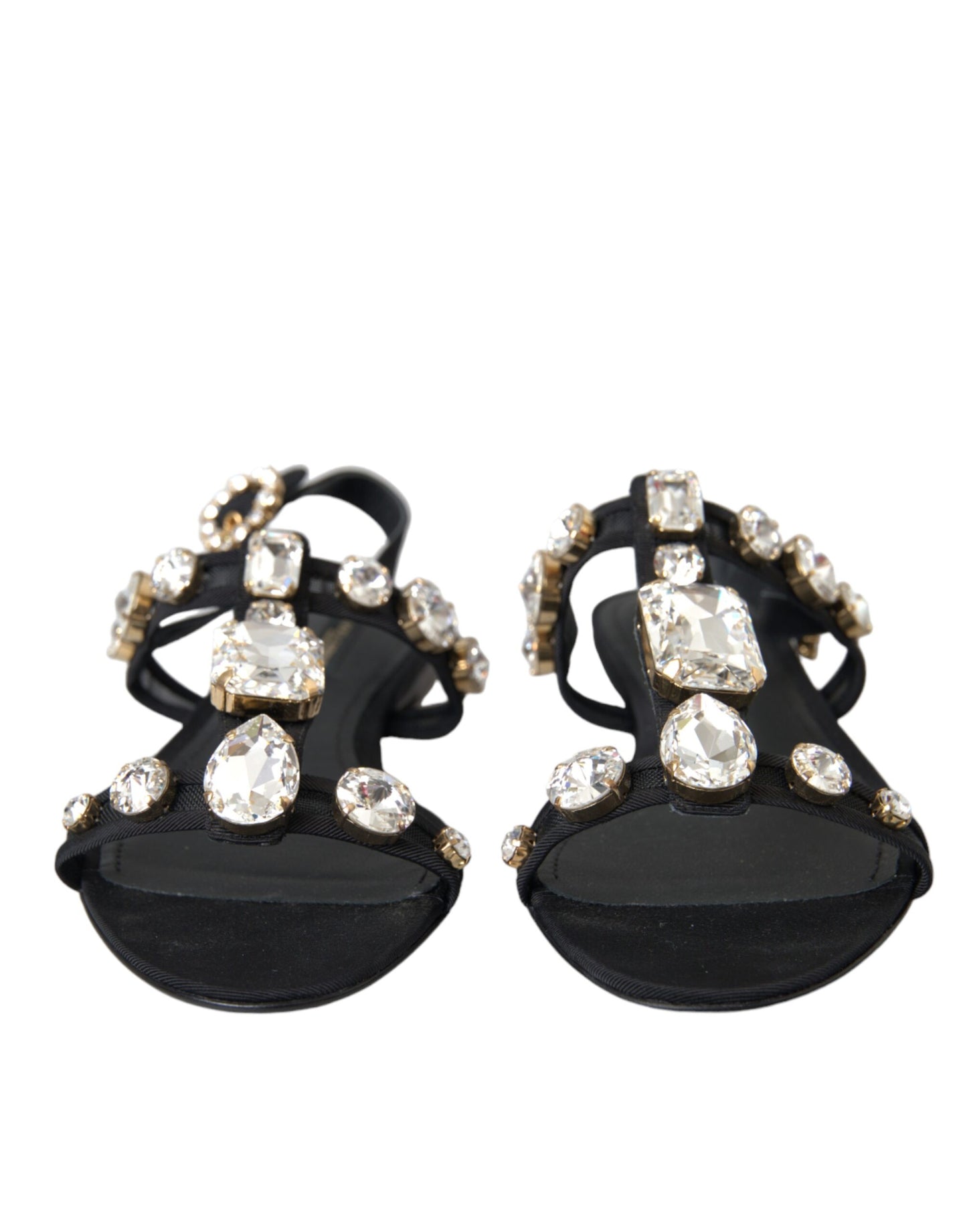 Dolce & Gabbana Black Leather Crystal Flats Sandals Shoes Dolce & Gabbana