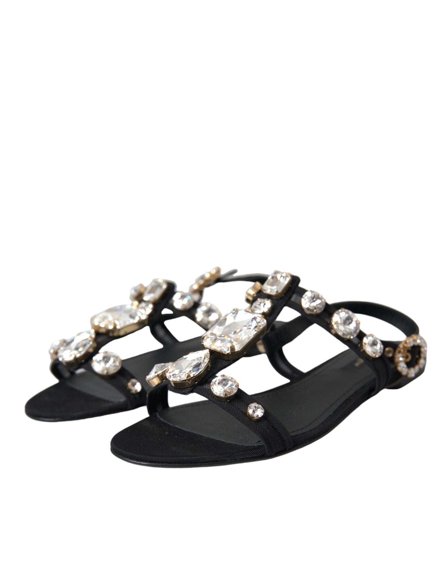 Dolce & Gabbana Black Leather Crystal Flats Sandals Shoes Dolce & Gabbana