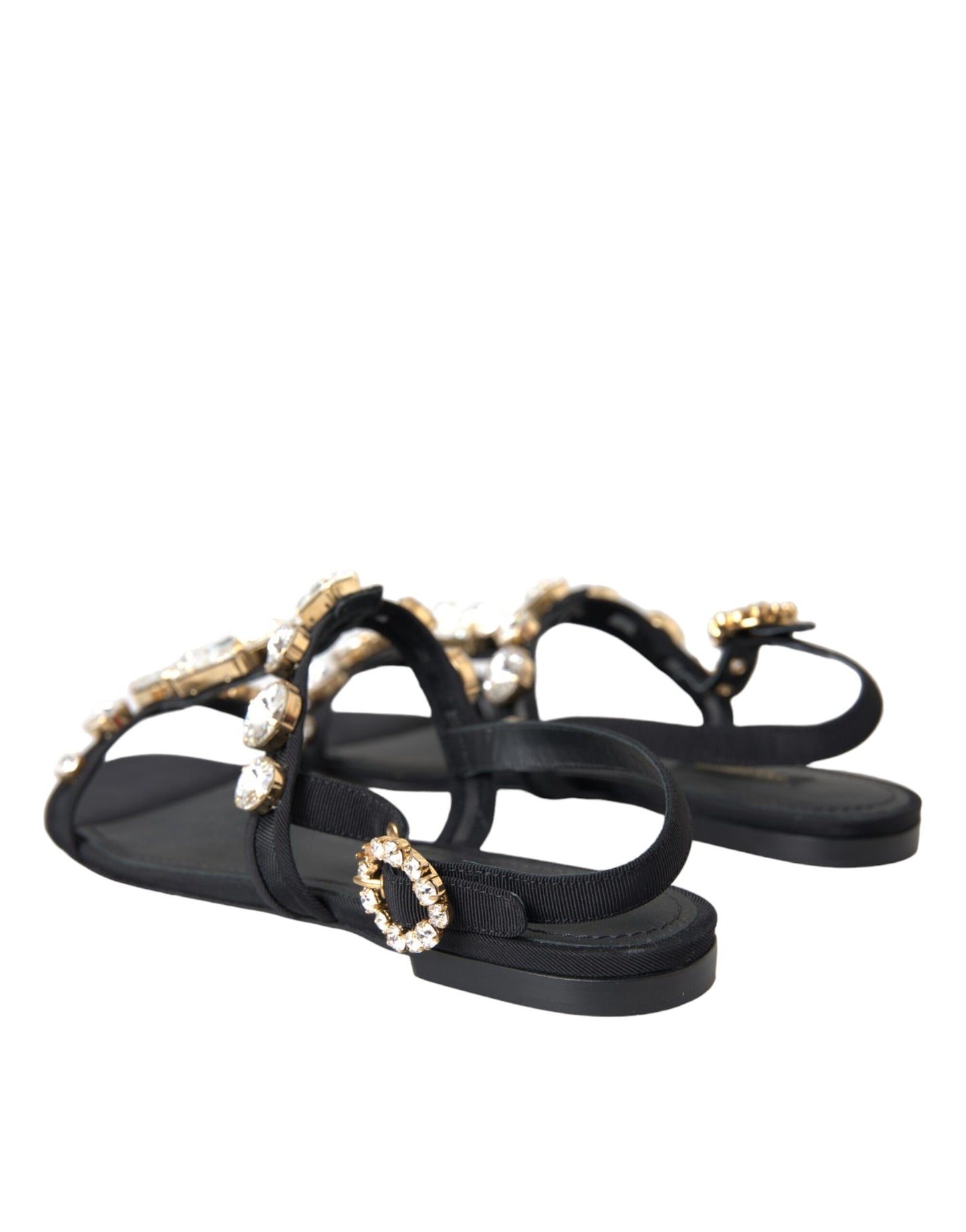 Dolce & Gabbana Black Leather Crystal Flats Sandals Shoes Dolce & Gabbana