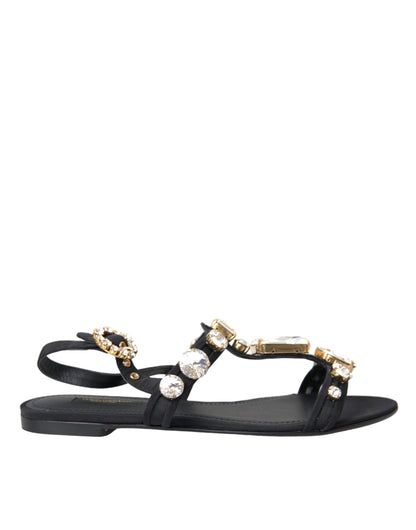 Dolce & Gabbana Black Leather Crystal Flats Sandals Shoes Dolce & Gabbana