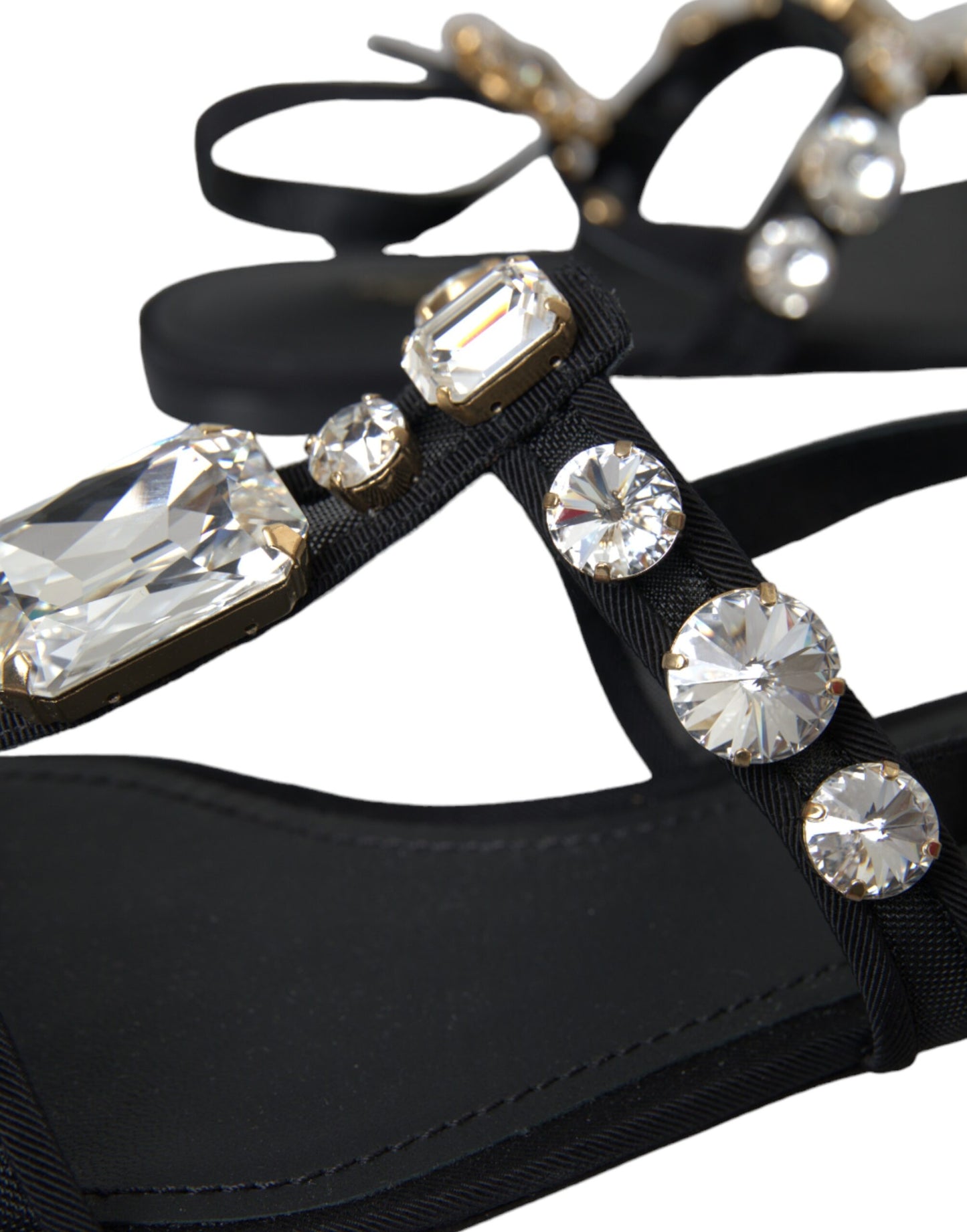 Dolce & Gabbana Black Leather Crystal Flats Sandals Shoes Dolce & Gabbana