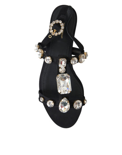 Dolce & Gabbana Black Leather Crystal Flats Sandals Shoes Dolce & Gabbana