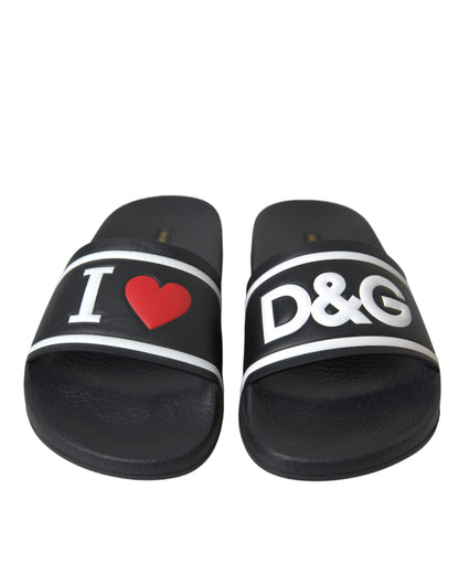 Dolce & Gabbana Black Leather I Love D&G Sandals Slides Shoes Dolce & Gabbana