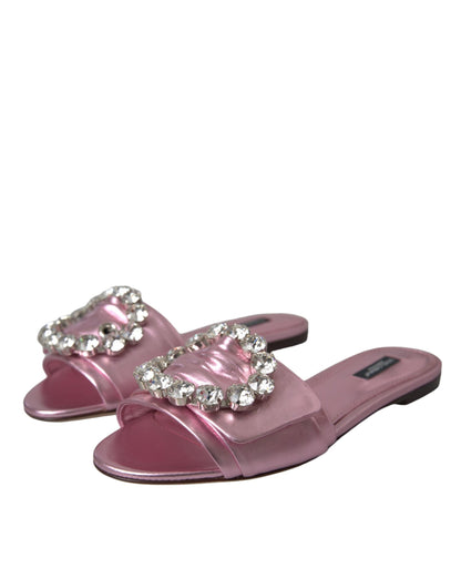 Dolce & Gabbana Pink Crystal Leather Flats Sandals Shoes Dolce & Gabbana