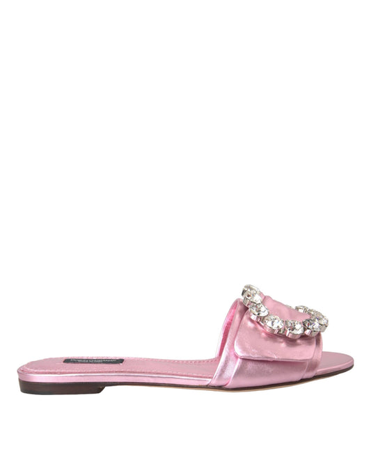 Dolce & Gabbana Pink Crystal Leather Flats Sandals Shoes Dolce & Gabbana