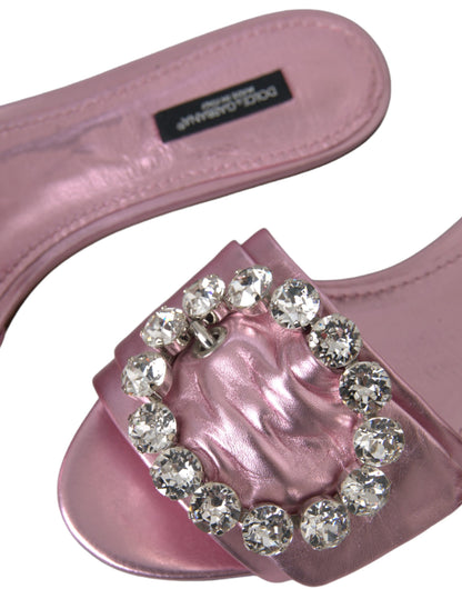 Dolce & Gabbana Pink Crystal Leather Flats Sandals Shoes Dolce & Gabbana