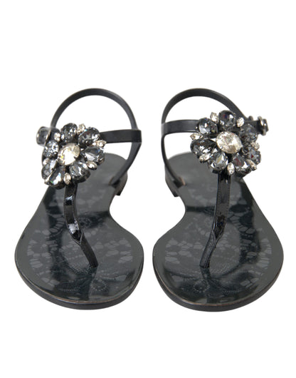 Dolce & Gabbana Black Crystal Flats Sandals Flip Flops Shoes Dolce & Gabbana