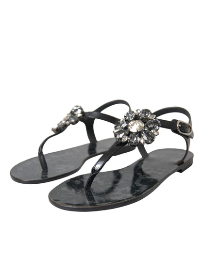 Dolce & Gabbana Black Crystal Flats Sandals Flip Flops Shoes Dolce & Gabbana