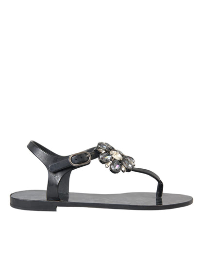 Dolce & Gabbana Black Crystal Flats Sandals Flip Flops Shoes Dolce & Gabbana