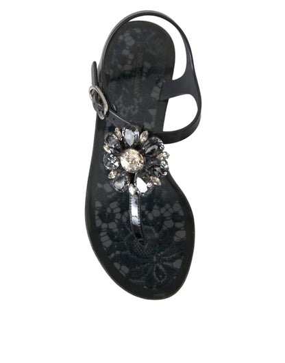 Dolce & Gabbana Black Crystal Flats Sandals Flip Flops Shoes Dolce & Gabbana