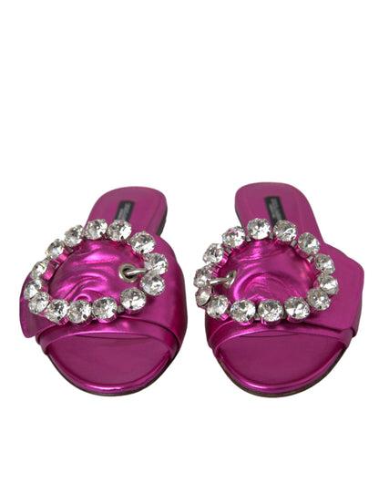 Dolce & Gabbana Fuchsia Crystal Leather Flats Sandals Shoes Dolce & Gabbana