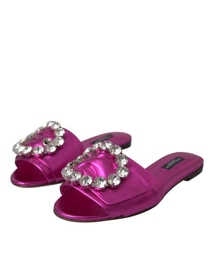 Dolce & Gabbana Fuchsia Crystal Leather Flats Sandals Shoes Dolce & Gabbana