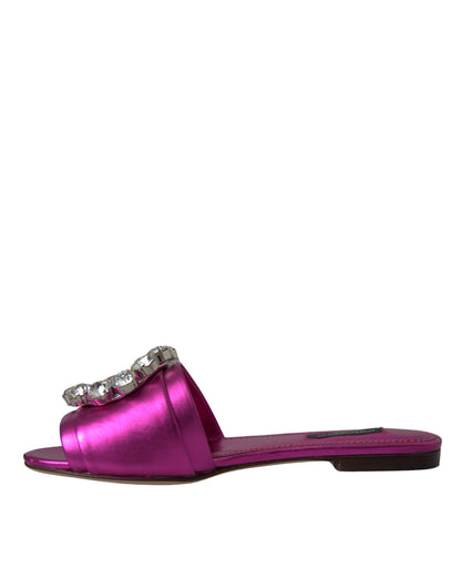 Dolce & Gabbana Fuchsia Crystal Leather Flats Sandals Shoes Dolce & Gabbana