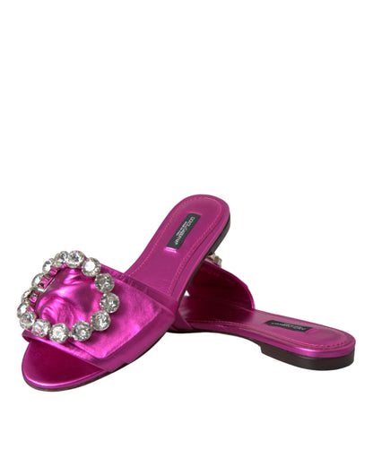 Dolce & Gabbana Fuchsia Crystal Leather Flats Sandals Shoes Dolce & Gabbana