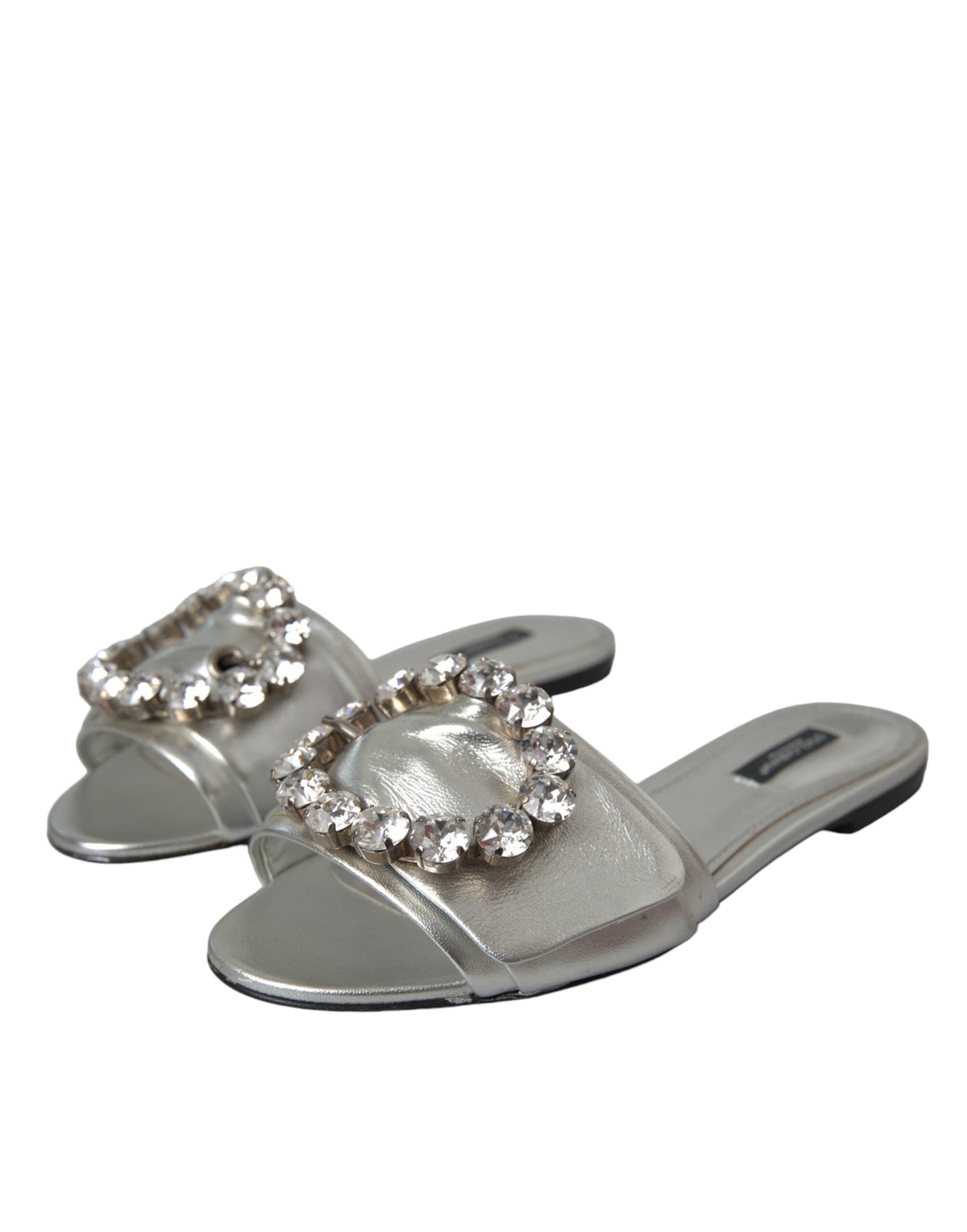 Dolce & Gabbana Silver Crystal Leather Flats Sandals Shoes Dolce & Gabbana