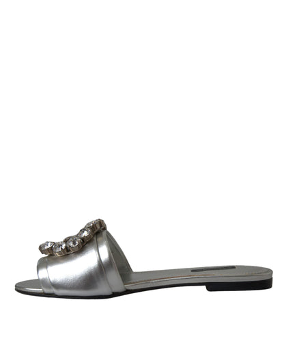 Dolce & Gabbana Silver Crystal Leather Flats Sandals Shoes Dolce & Gabbana