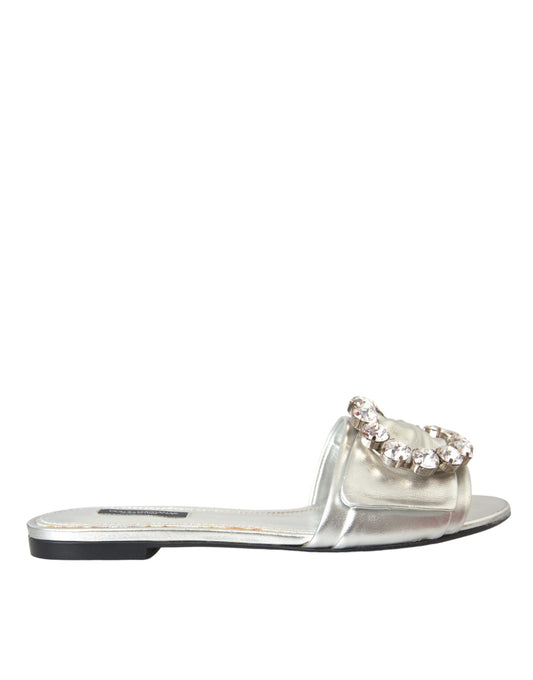 Dolce & Gabbana Silver Crystal Leather Flats Sandals Shoes Dolce & Gabbana