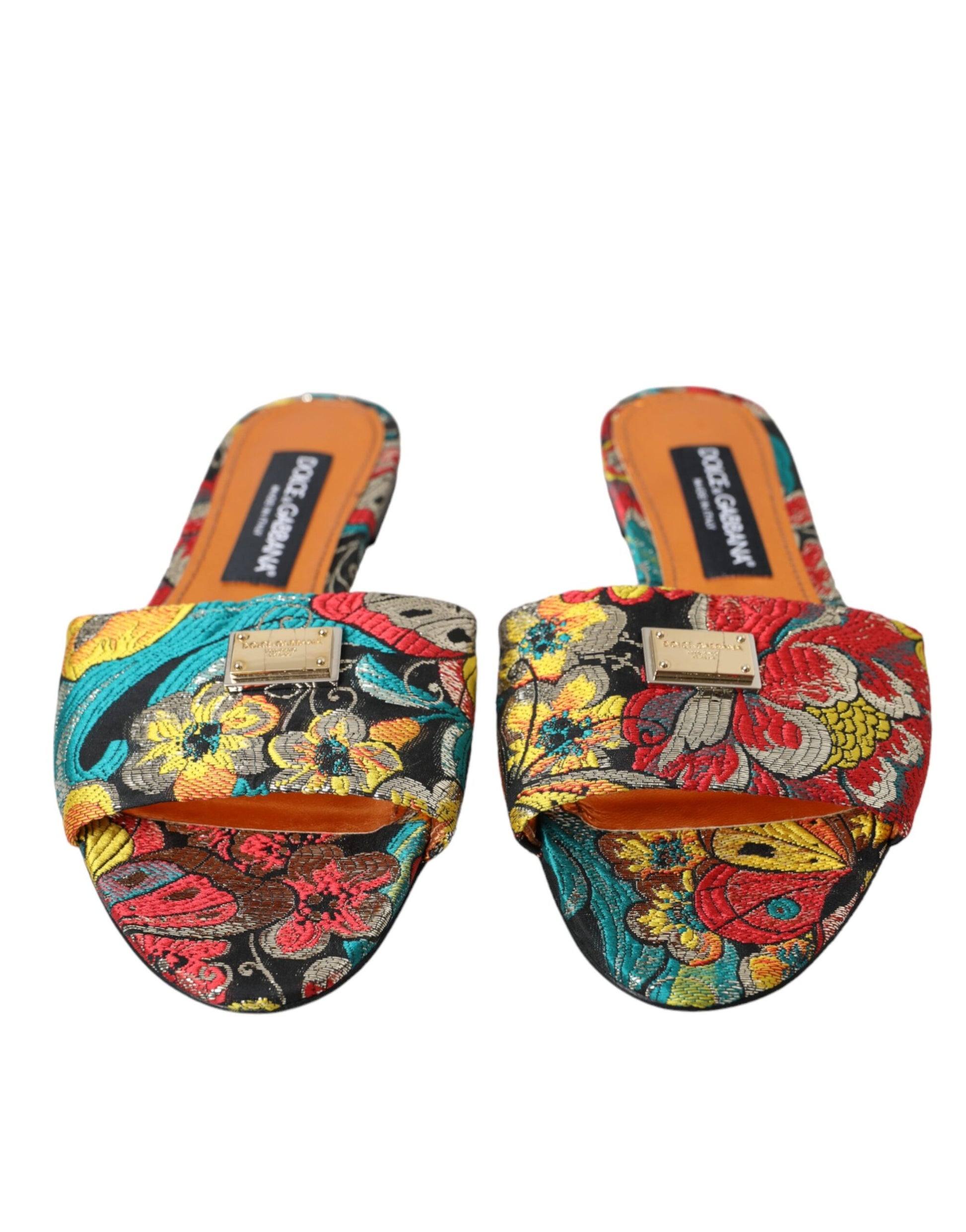 Dolce & Gabbana Multicolor Floral Brocade Logo Flats Sandals Shoes