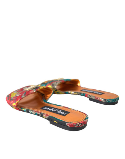 Dolce & Gabbana Multicolor Floral Brocade Logo Flats Sandals Shoes Dolce & Gabbana