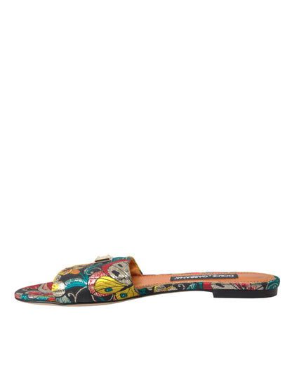 Dolce & Gabbana Multicolor Floral Brocade Logo Flats Sandals Shoes Dolce & Gabbana