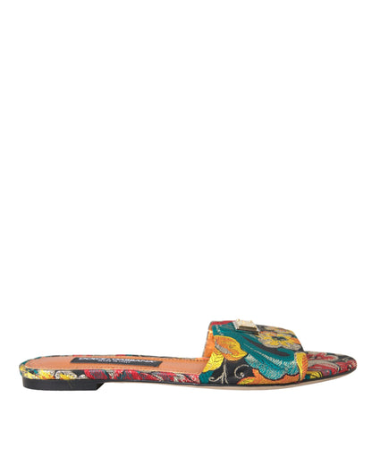 Dolce & Gabbana Multicolor Floral Brocade Logo Flats Sandals Shoes Dolce & Gabbana