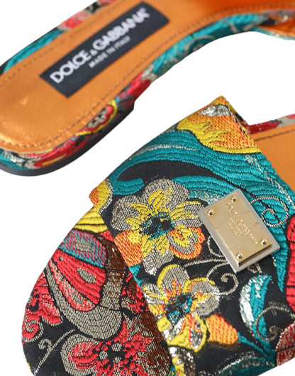 Dolce & Gabbana Multicolor Floral Brocade Logo Flats Sandals Shoes Dolce & Gabbana