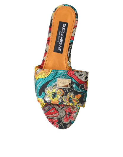 Dolce & Gabbana Multicolor Floral Brocade Logo Flats Sandals Shoes Dolce & Gabbana