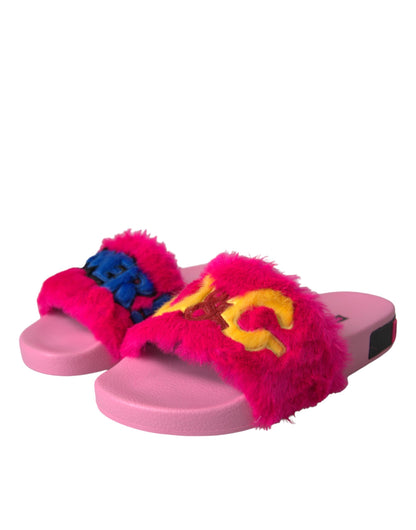 Dolce & Gabbana Multicolor Embroidered Fur Slides Sandals Shoes Dolce & Gabbana