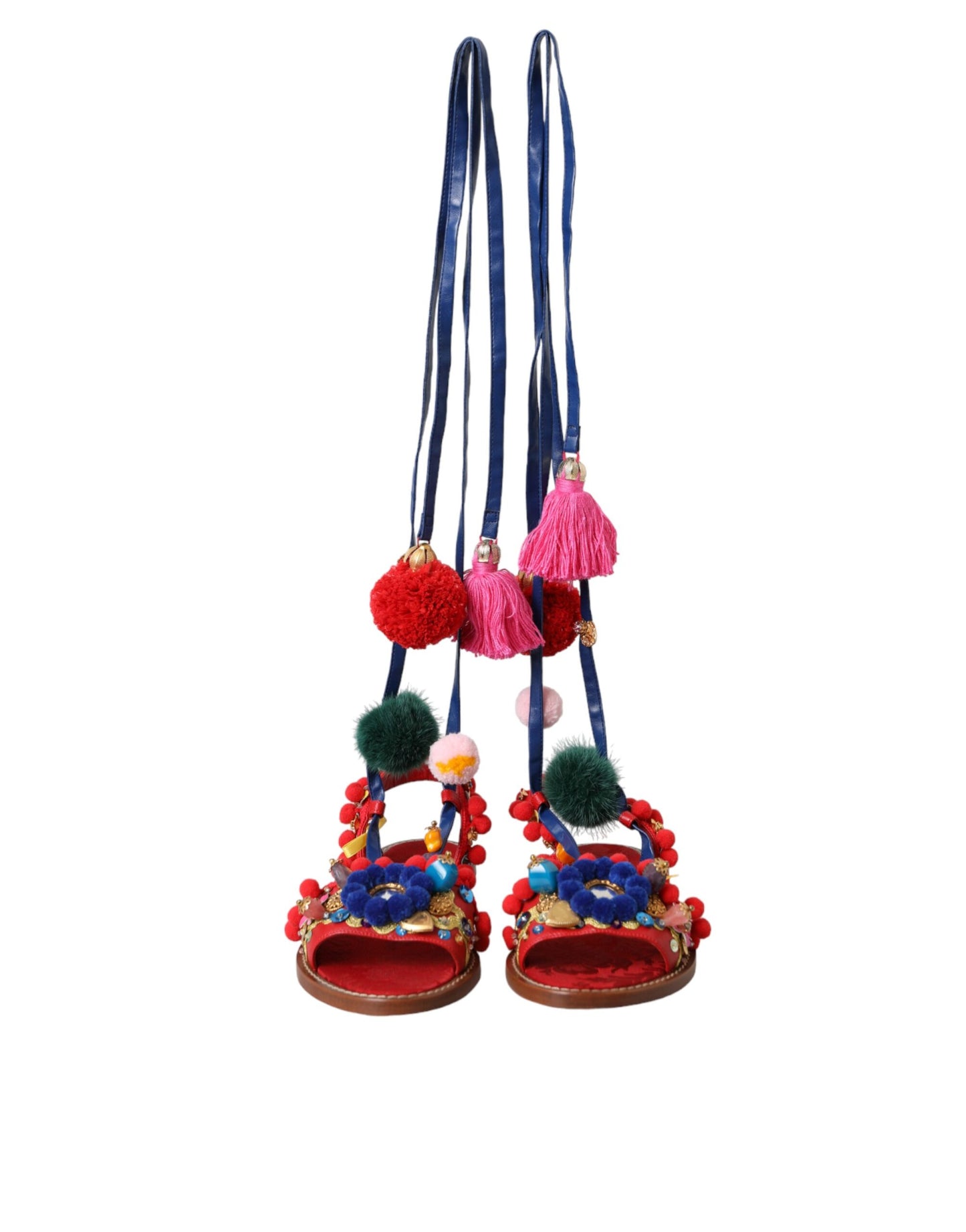 Dolce & Gabbana Multicolor Pom Pom Fur Wrap Sandals Shoes Dolce & Gabbana