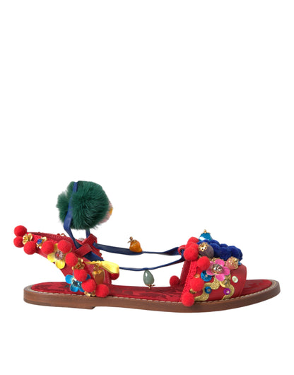 Dolce & Gabbana Multicolor Pom Pom Fur Wrap Sandals Shoes Dolce & Gabbana