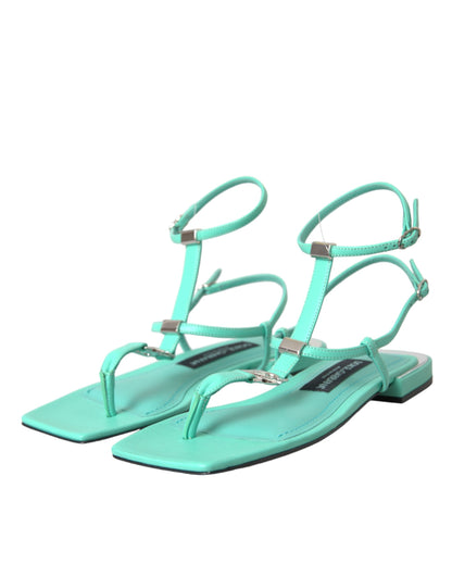 Dolce & Gabbana Aqua Green Leather Ankle Strap Flats Sandals Shoes Dolce & Gabbana