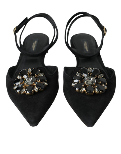 Dolce & Gabbana Black Leather Crystal Slingback Sandals Shoes Dolce & Gabbana