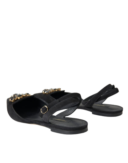 Dolce & Gabbana Black Leather Crystal Slingback Sandals Shoes Dolce & Gabbana