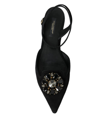 Dolce & Gabbana Black Leather Crystal Slingback Sandals Shoes Dolce & Gabbana