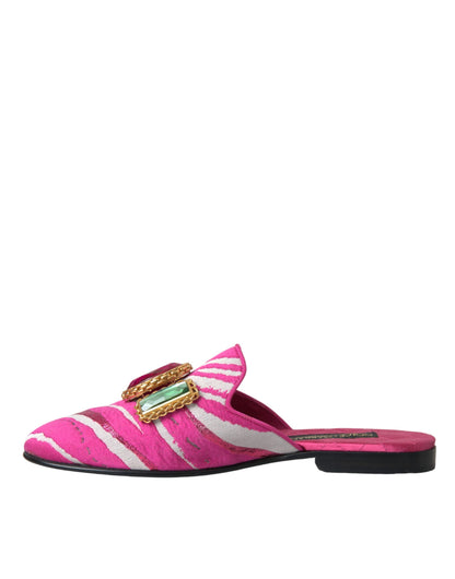 Dolce & Gabbana Pink Jacquard Crystal Mule Flat Sandals Shoes Dolce & Gabbana