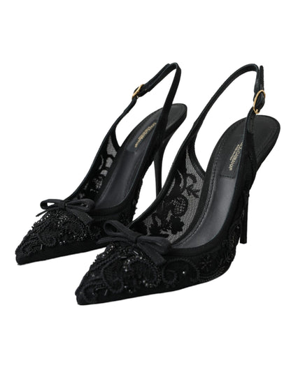 Dolce & Gabbana Black Tulle Ricamo Heels Slingbacks Shoes Dolce & Gabbana